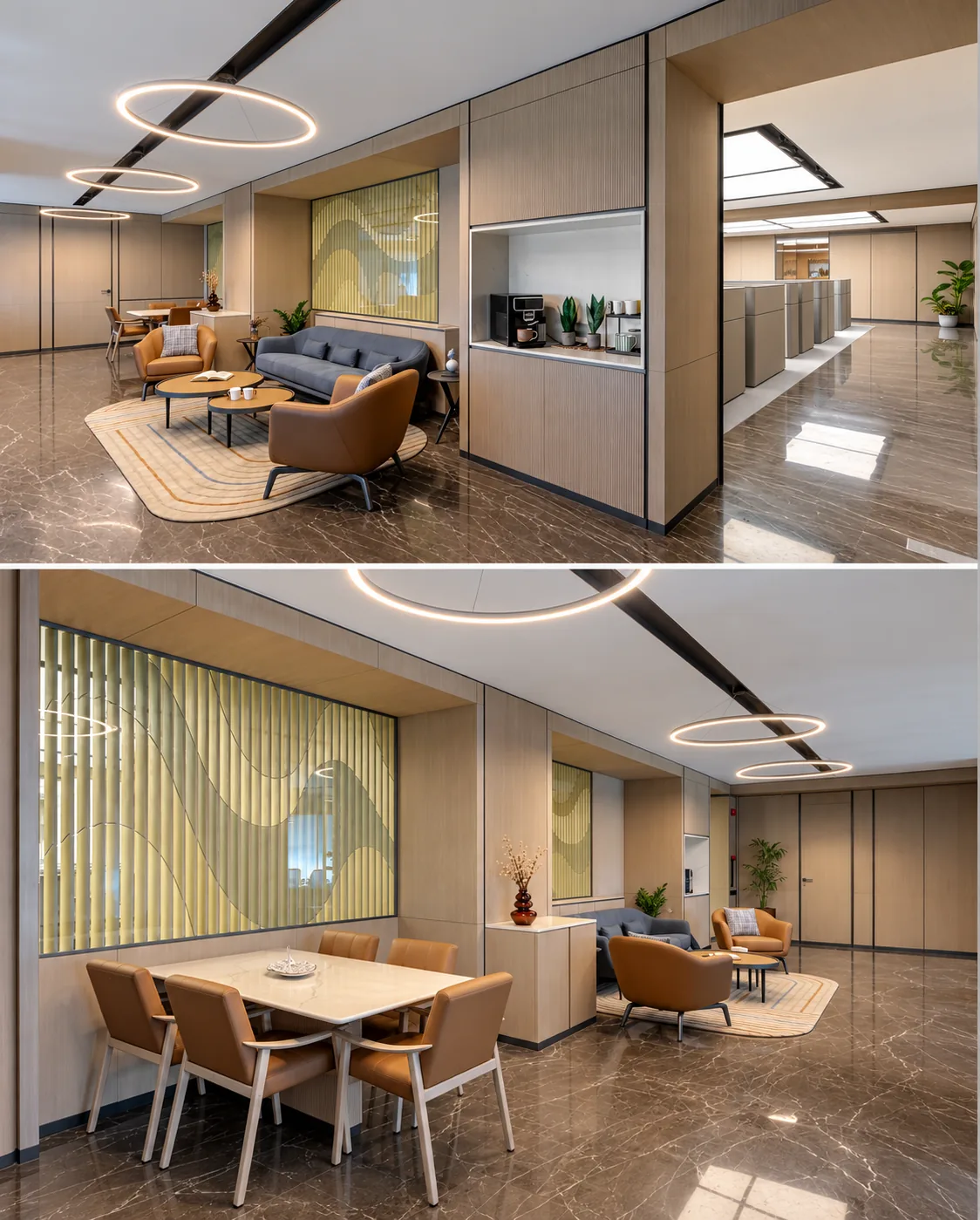 Kiran Industries office: lounge and meeting spaces