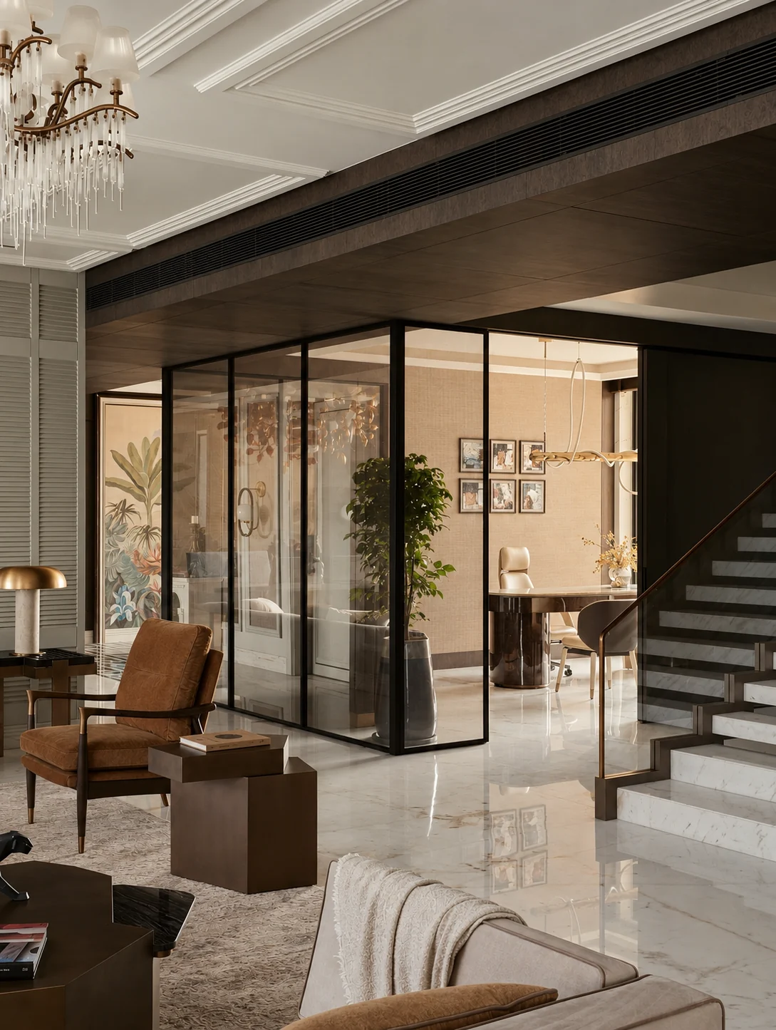 Luxury residence, Kolkata: living room and staircase