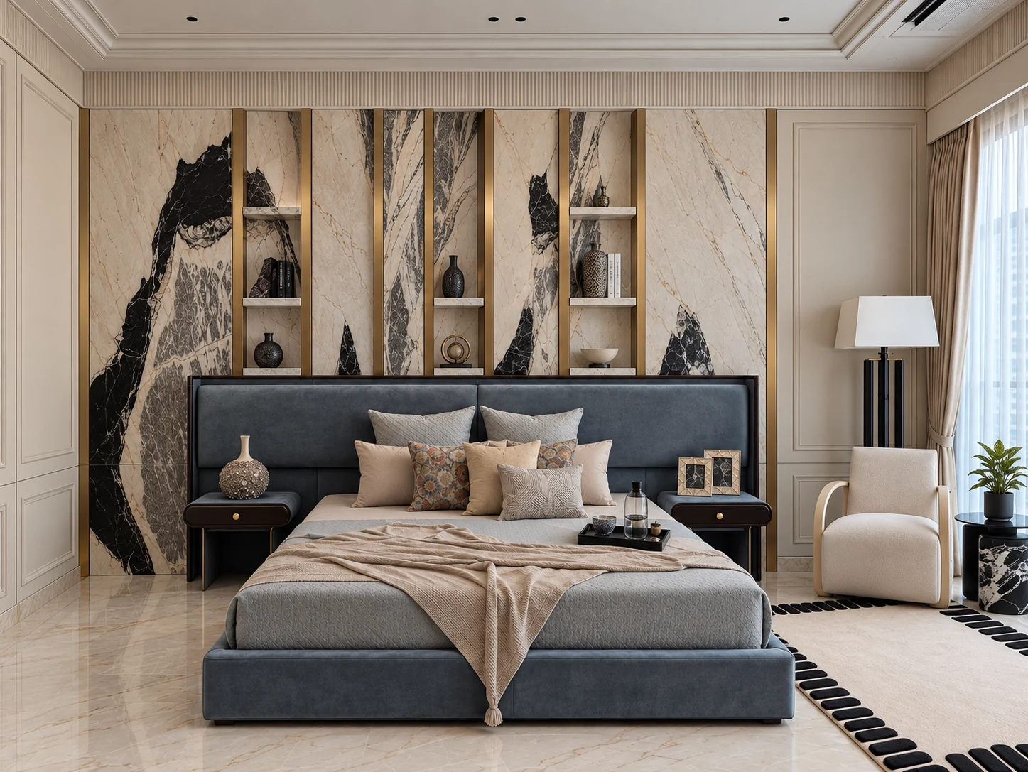 Luxury residence, Kolkata: bedroom with marble wall