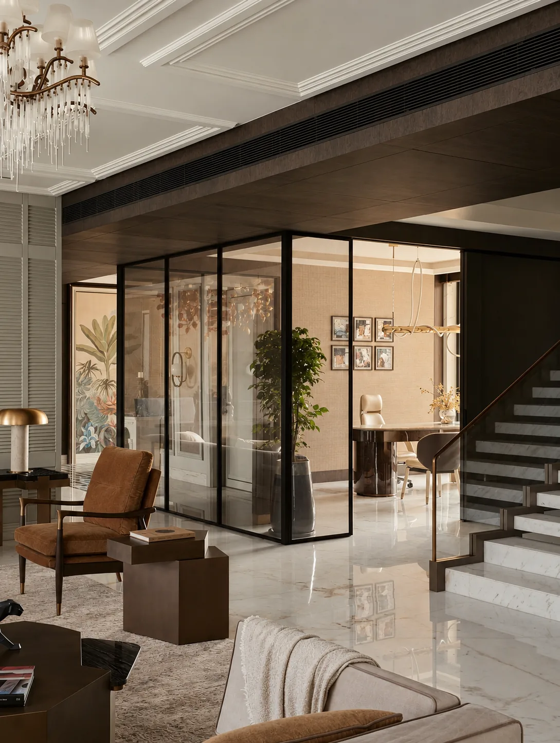 Luxury residence, Kolkata: glazed lounge and staircase