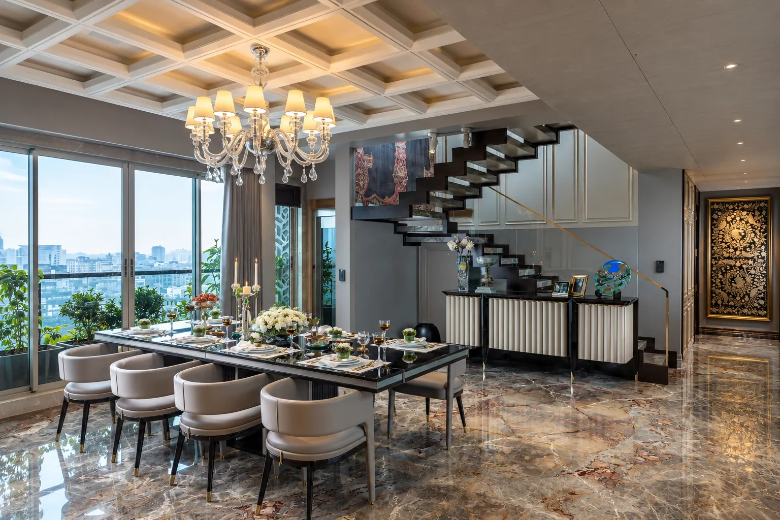 Luxury Villa Kolkata: dining room and floating staircase