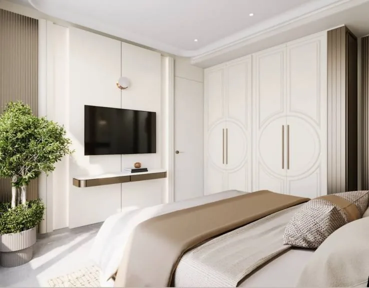 Mulund residence, Mumbai: master bedroom and media wall