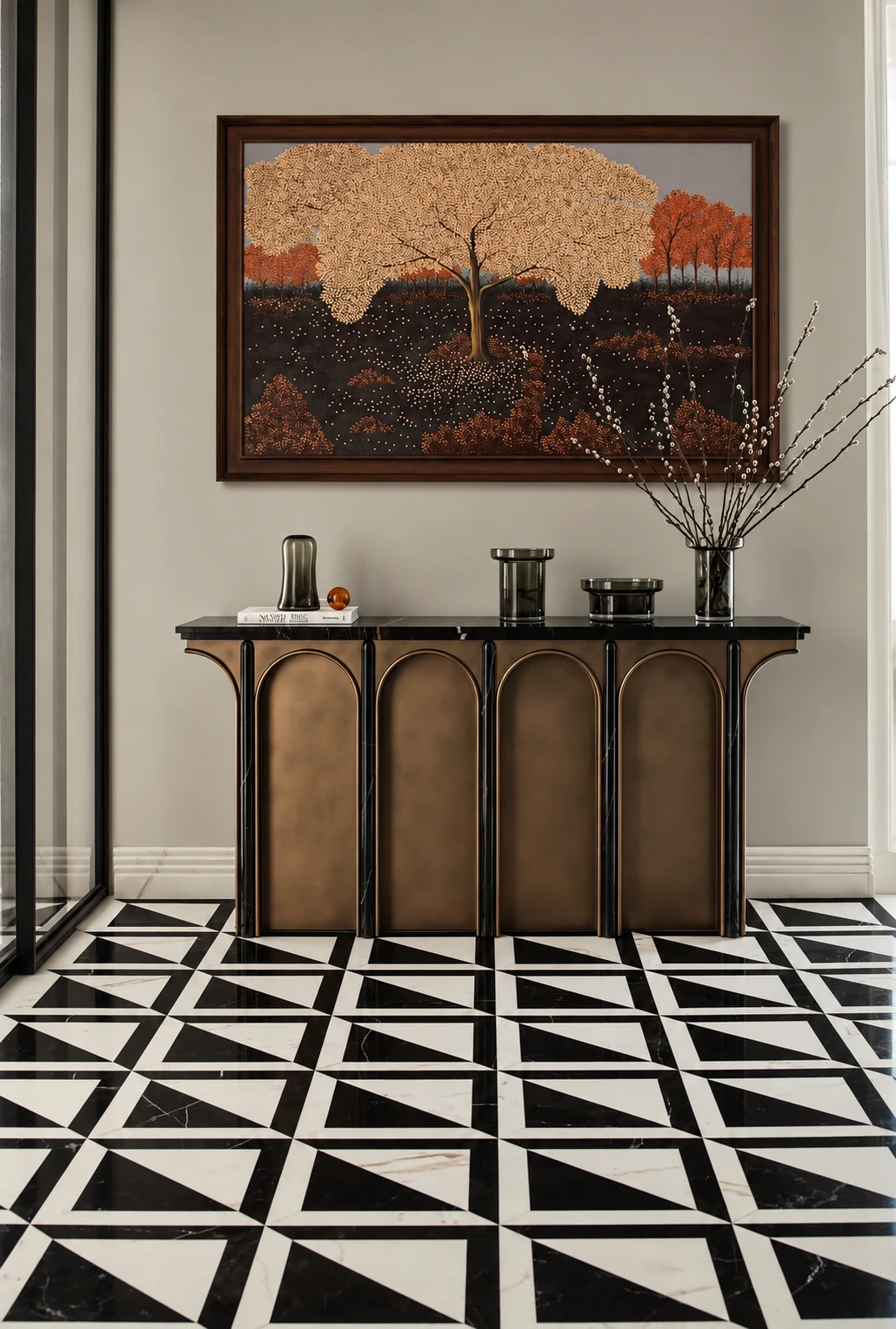 Sculpted reception desk set against a stone wall with a framed artwork